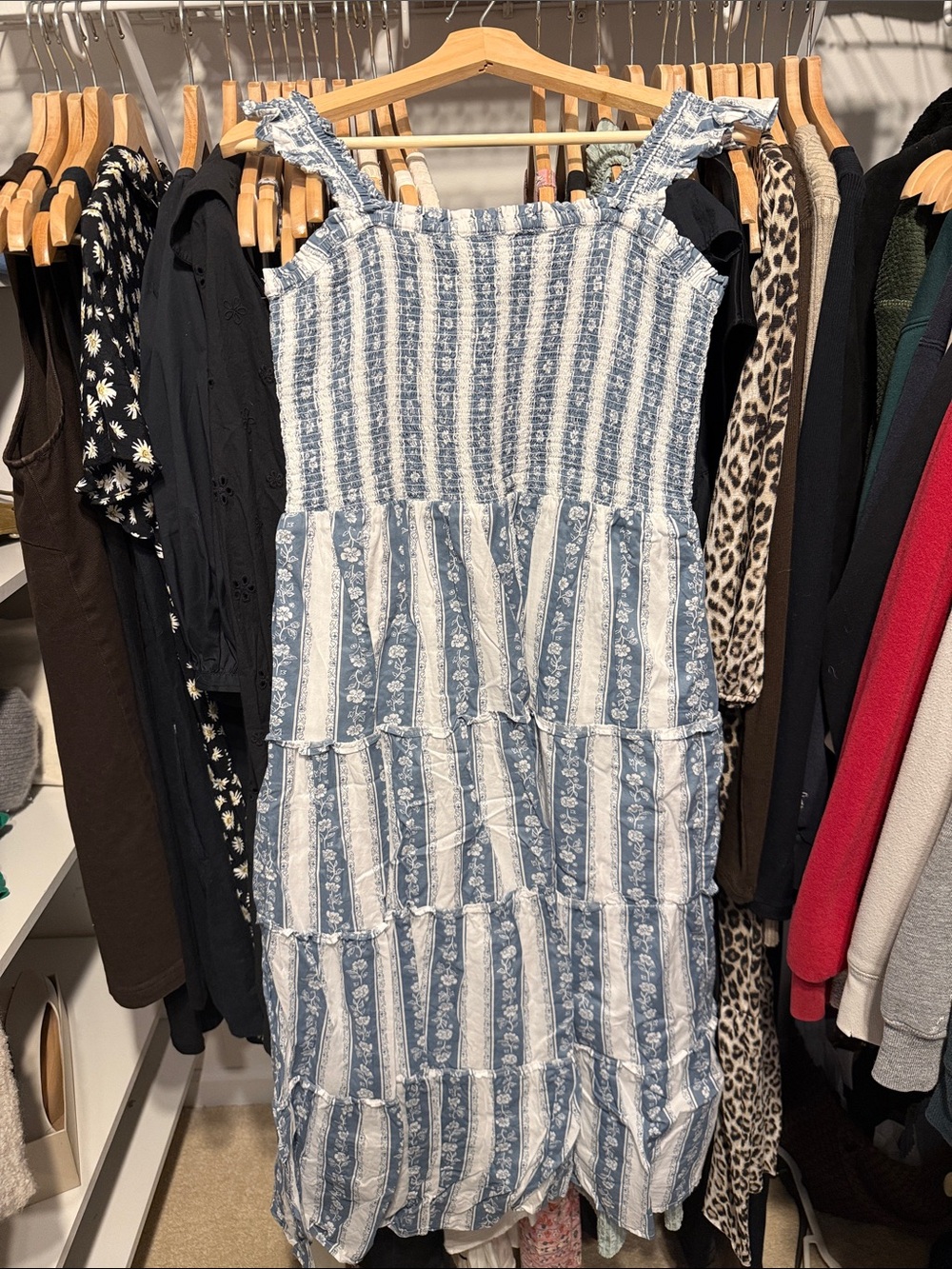 J. Crew Factory Blue and White Striped Midi Dress
